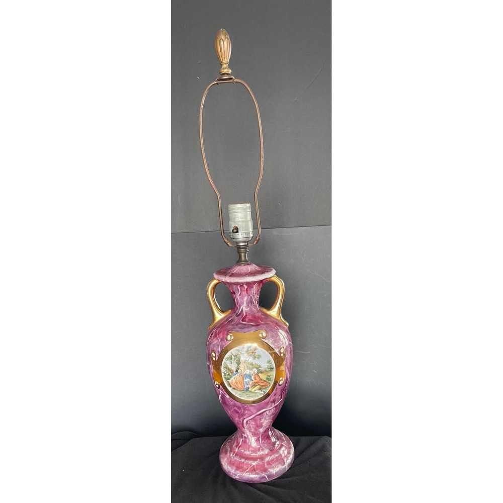 Vintage Purple Marbled Ceramic Table Lamp Gold Handles Fragonard Courting Couple